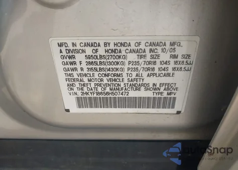 2006 Honda Pilot Ex-L from USA, damaged, VIN 2HKYF18656H507472